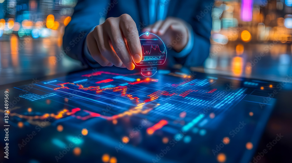 Naklejka premium Hand Interacting with Futuristic Holographic Interface