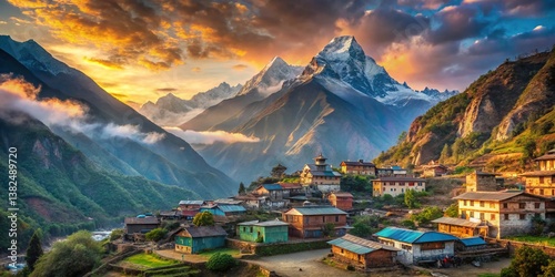 Mountain Village Panorama: A vibrant mountain village nestled amidst towering, snow-capped peaks, under a dramatic sky. Showcasing an inspiring landscape.