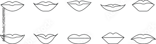 women's lips silhouettes vector icon set, lip logo design. Sexy female lips symbols. Modern pop art style, Simple flat vector design isolated on transparent background, expressing different emotions,