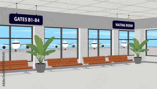 A large airport terminal with a few benches and a few planes. The planes are in the background and the benches are in the foreground