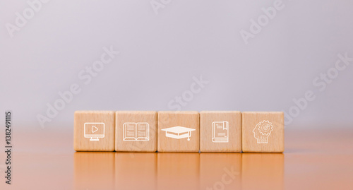 Wooden blocks concept of e-learning education, internet lessons and webinars, online lesson participants on learning digital education online with webinars, learning, training, education, courses, tut