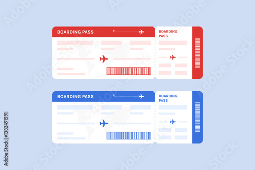 Airline Boarding Pass Vector Red & Blue Flight Ticket Template for Travel Design