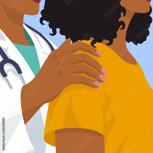 Closeup of hand on shoulder of sad black woman by doctor for support, care and help during grief. Patient with anxiety and depression given empathy after bad news or results from illness at a hospital