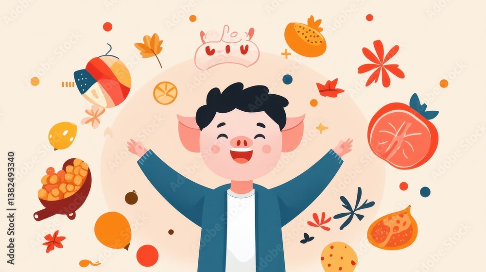 Happy Child with Pig Ears Surrounded by Fruits and Vegetables Happy Child with Pig Ears Surrounded by Fruits and Vegetables