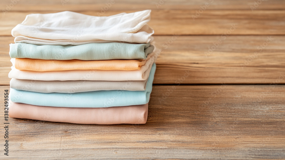 Stack of Sheer Blouses in Various Neutral and Pastel Colors on Wood Stack of Sheer Blouses in Various Neutral and Pastel Colors on Wood