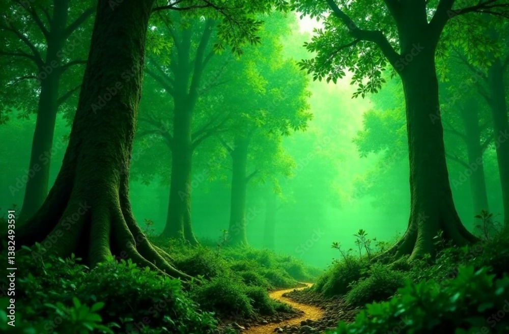 Obraz premium Lush green forest pathway illuminated by soft sunlight filtering through dense foliage in early morning hours