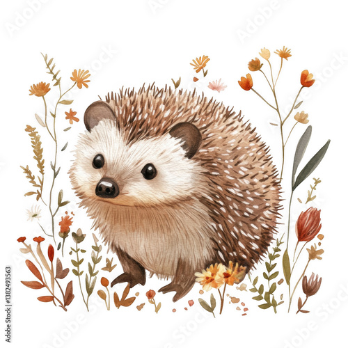 Watercolor painting of a hedgehog surrounded by autumn flowers on a black background art image