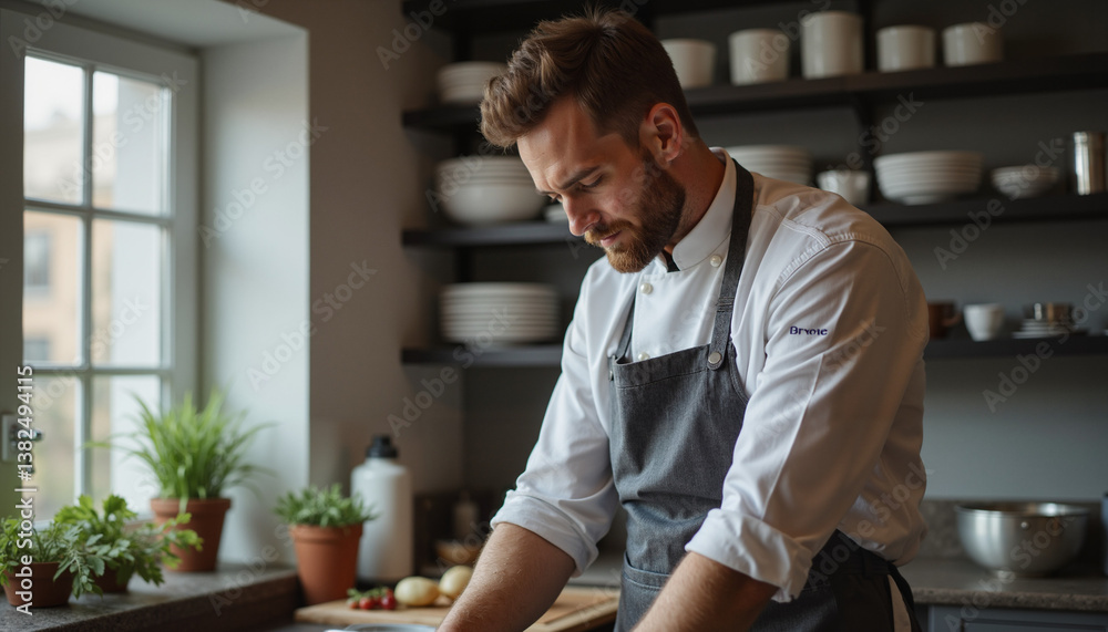 Fototapeta premium Chef concentrating while preparing food in a modern kitchen 