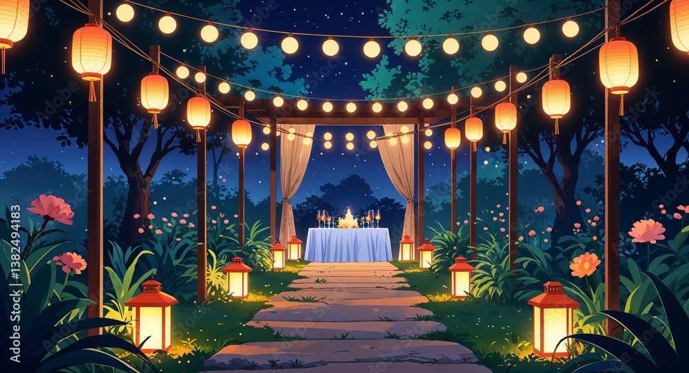 Obraz premium Lantern lit path leading to a party venue at night anime cartoon style illustration artwork design background