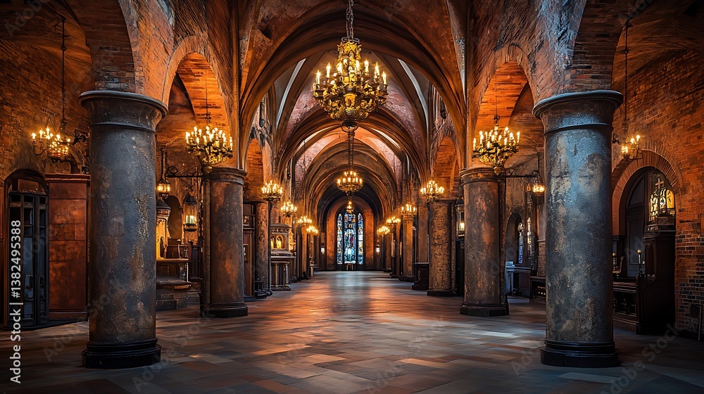 Fototapeta premium Majestic Gothic Church Interior, Empty Hallway, Vintage Chandeliers, Architectural Detail