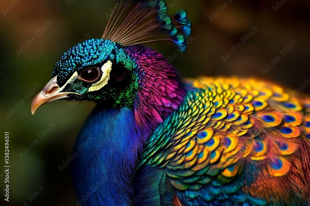Obraz premium The iridescent beauty of a peacock's feathers captivates the eye.