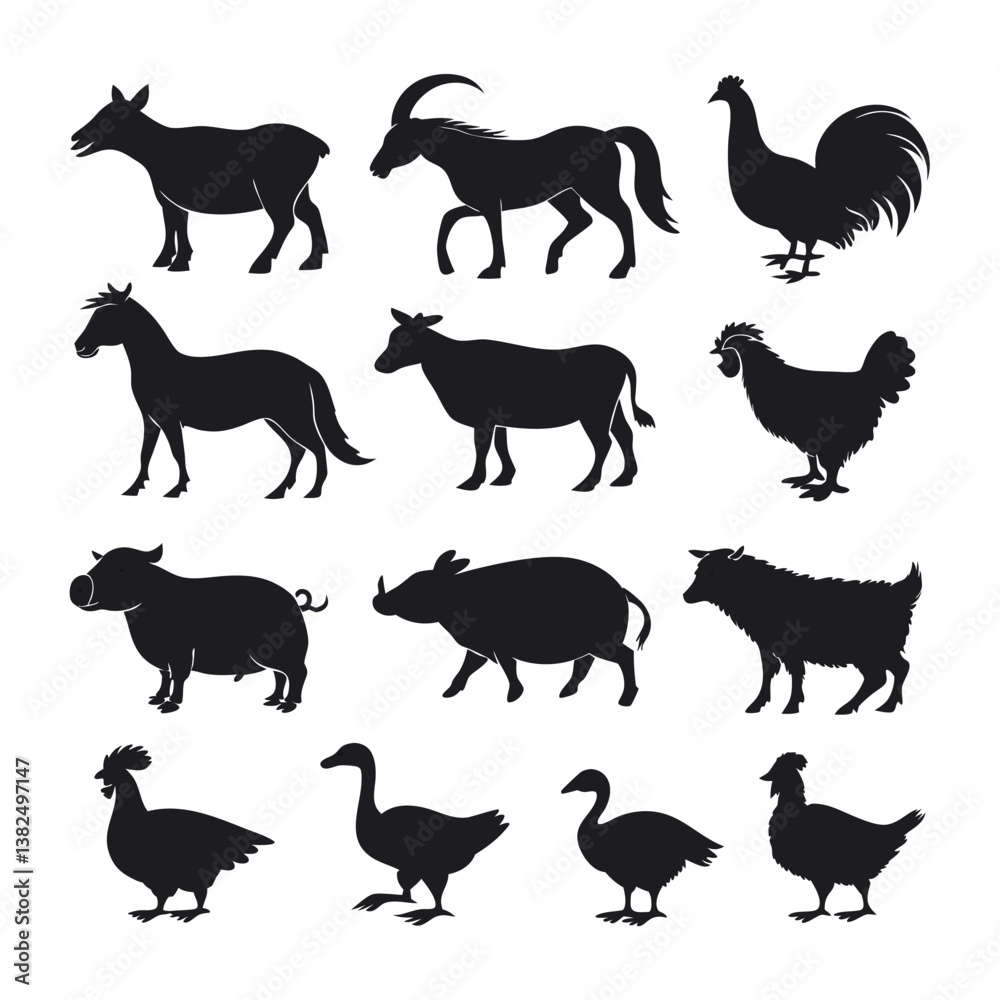 Obraz premium Set of 12 farm animal silhouettes vector