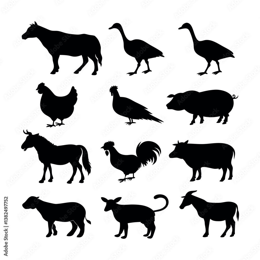 Obraz premium Set of 12 farm animal silhouettes vector