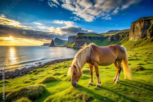 Horse in Coastal Haven: A majestic horse grazes peacefully on a vibrant green hillside, overlooking a stunning coastal panorama. The setting sun paints the sky with a kaleidoscope of colors.