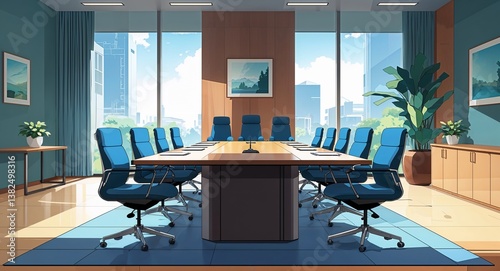 Modern meeting room with conference table and chairs anime cartoon style illustration artwork design background