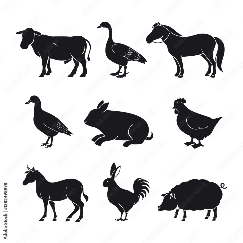 The set of animals include a cow, a chicken, a horse, a rabbit, a duck, a pig, a goat, a turkey, and a sheep The set of animals include a cow, a chicken, a horse, a rabbit, a duck, a pig, a goat, a turkey, and a sheep