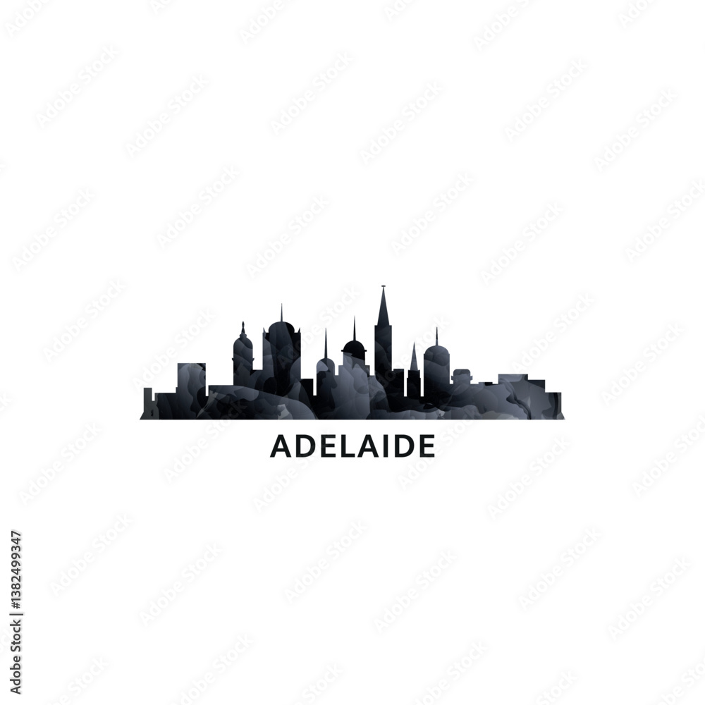 Adelaide panorama, vector badge, skyline logo and icon. Australia city horizon logotype with landmarks and building silhouettes. Isolated foggy abstract gradient graphic Adelaide panorama, vector badge, skyline logo and icon. Australia city horizon logotype with landmarks and building silhouettes. Isolated foggy abstract gradient graphic