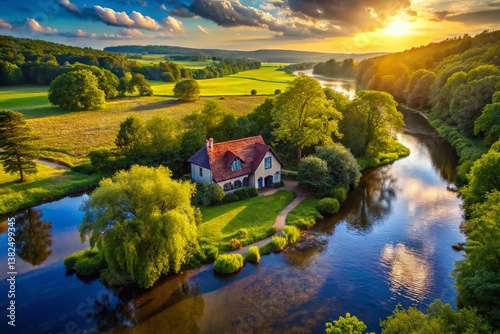 Scenic Riverside Retreat: Serene view of a house nestled beside a flowing river under a vibrant sky, showcasing tranquility and natural beauty