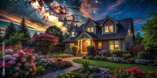 Dreamy Residence Under Celestial Skies: A stunning residence nestles amidst a vibrant garden, with a starlit sky. A perfect blend of nature and architecture.