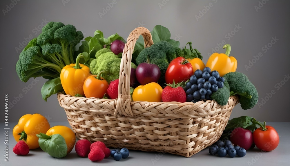 A studio shot of a woven basket filled with a variety of fresh produce against a neutral gray background A studio shot of a woven basket filled with a variety of fresh produce against a neutral gray background