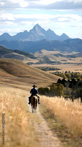 Cowboy Horseback Riding on Trail Towards Mountain Range photo