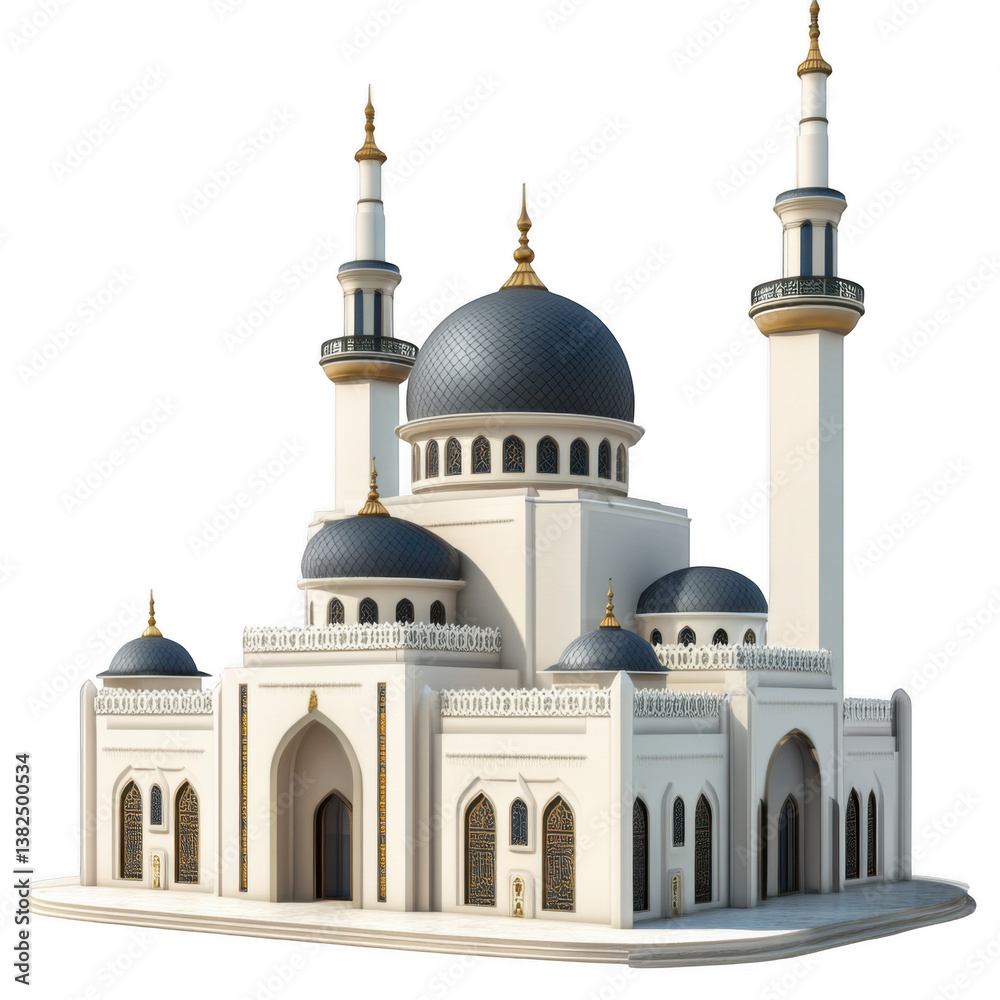 Obraz premium A detailed architectural rendering of a white mosque with blue domes and tall minarets on black background