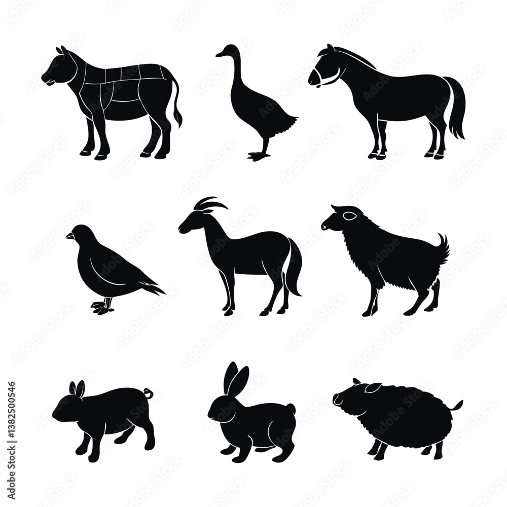 Obraz premium Set of 9 farm animal silhouettes vector