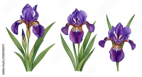 Violet Iris Trio: Botanical Watercolor AI Generated