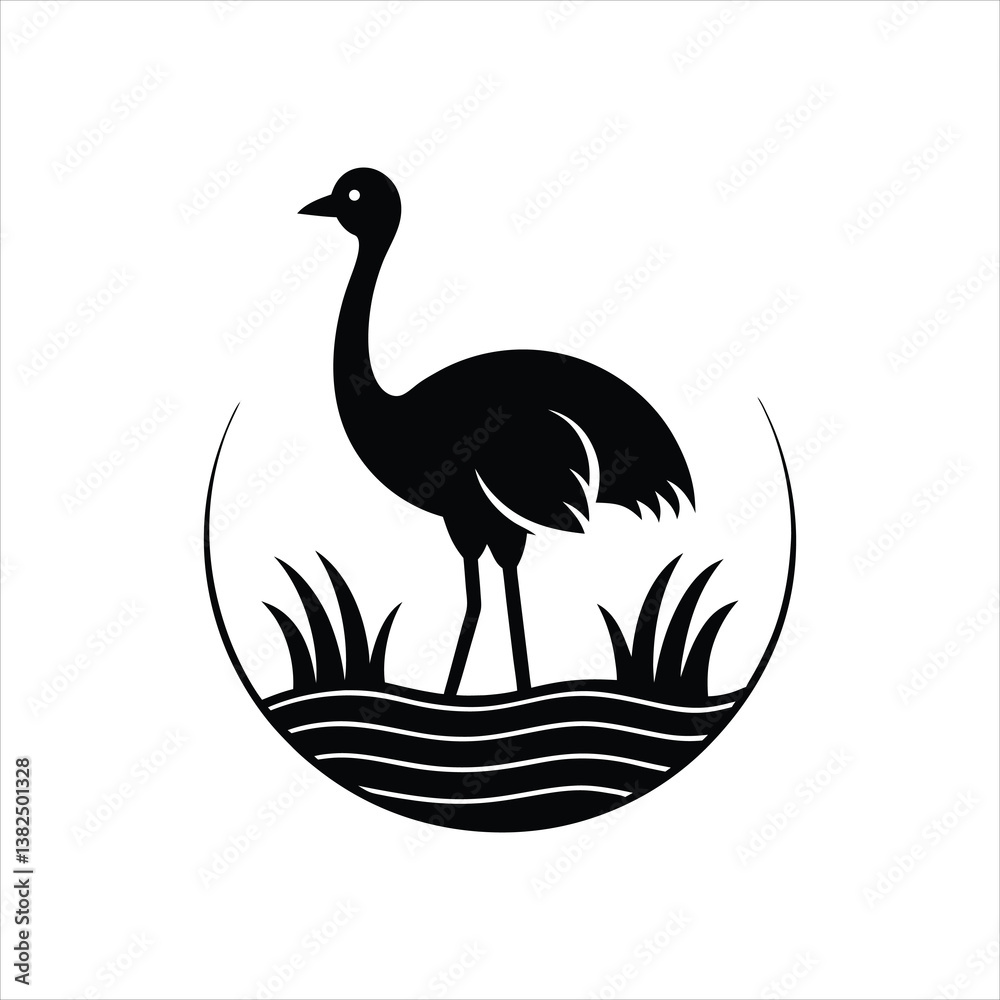 Black Ostrich on Water and Grass Nature Silhouette Art Black Ostrich on Water and Grass Nature Silhouette Art