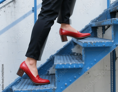 Woman in Red Heeled Shoes Climbing Blue Metal Steps
