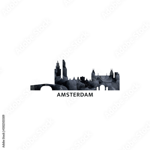 Amsterdam panorama, vector badge, skyline logo and icon. Netherlands, Holland capital city horizon logotype with landmarks and building silhouettes. Isolated foggy abstract gradient graphic