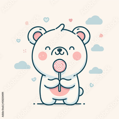 Sweet Treat: A cartoon polar bear with a pink cheeks holds a lollipop, a symbol of joy and childlike wonder, against a pastel background.