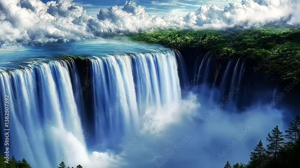 Majestic Waterfall Paradise: A Serene Landscape of Water, Clouds, and Lush Greenery Majestic Waterfall Paradise: A Serene Landscape of Water, Clouds, and Lush Greenery