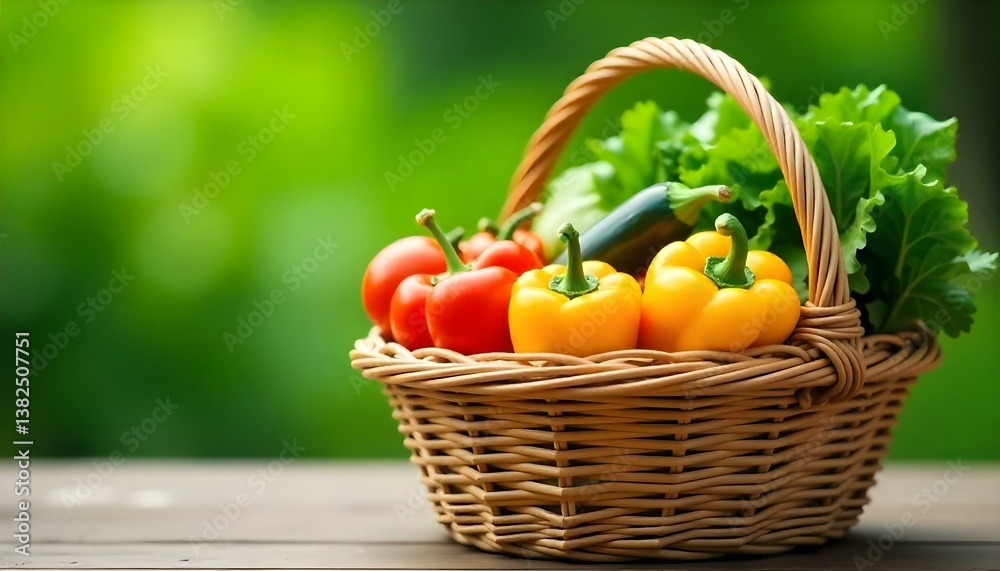 A close-up shot features a woven basket brimming with a variety of fresh vegetables, set against a blurred green background A close-up shot features a woven basket brimming with a variety of fresh vegetables, set against a blurred green background