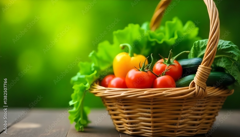 A close-up shot features a woven basket brimming with a variety of fresh vegetables, set against a blurred green background A close-up shot features a woven basket brimming with a variety of fresh vegetables, set against a blurred green background