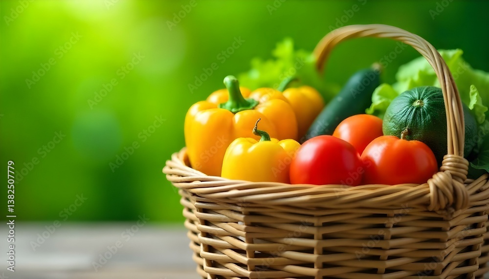 A close-up shot features a woven basket brimming with a variety of fresh vegetables, set against a blurred green background A close-up shot features a woven basket brimming with a variety of fresh vegetables, set against a blurred green background