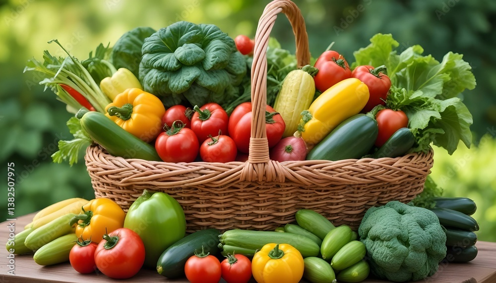 A close-up shot features a woven basket brimming with a variety of fresh vegetables, set against a blurred green background A close-up shot features a woven basket brimming with a variety of fresh vegetables, set against a blurred green background