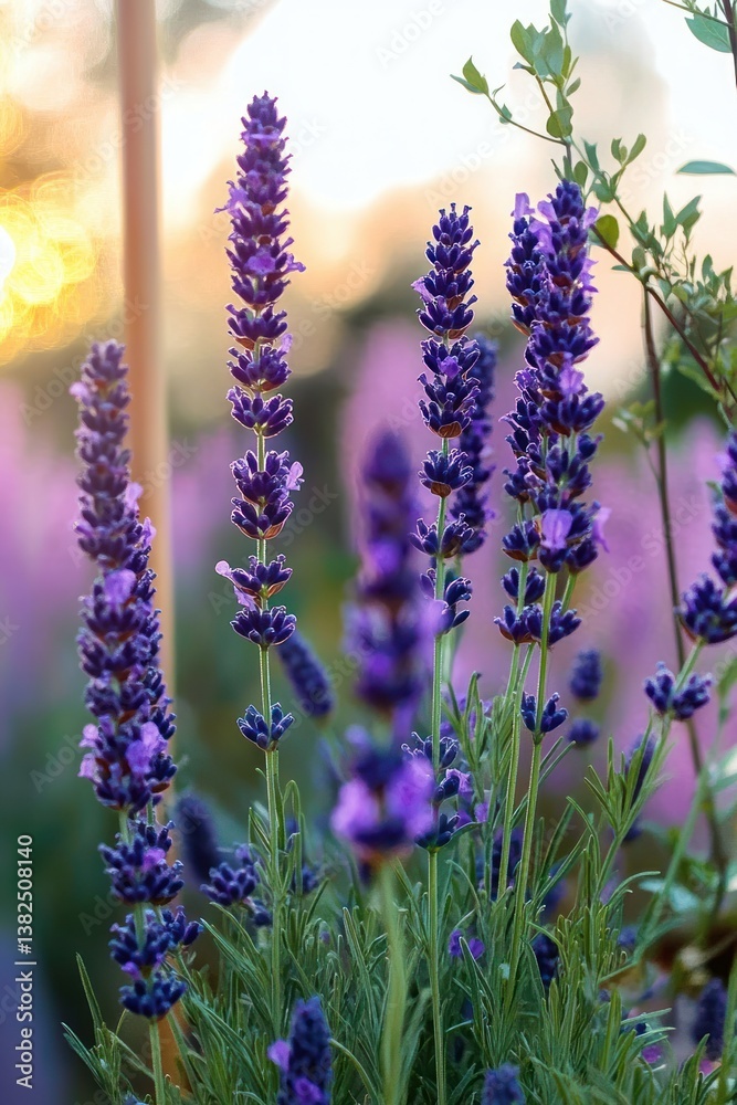 Naklejka premium Lavender Flowers in Serene Garden with Natural Light