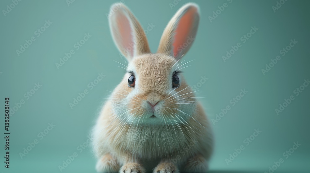 Obraz premium Cute light brown rabbit attentively looking forward representing Easter against a plain teal-green background with copy space