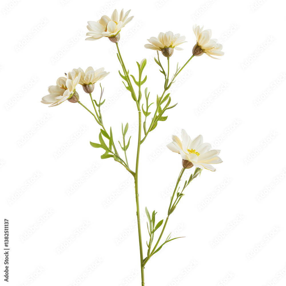 Fototapeta premium Daisies stem and green leaf close up isolated on transparent background PNG.