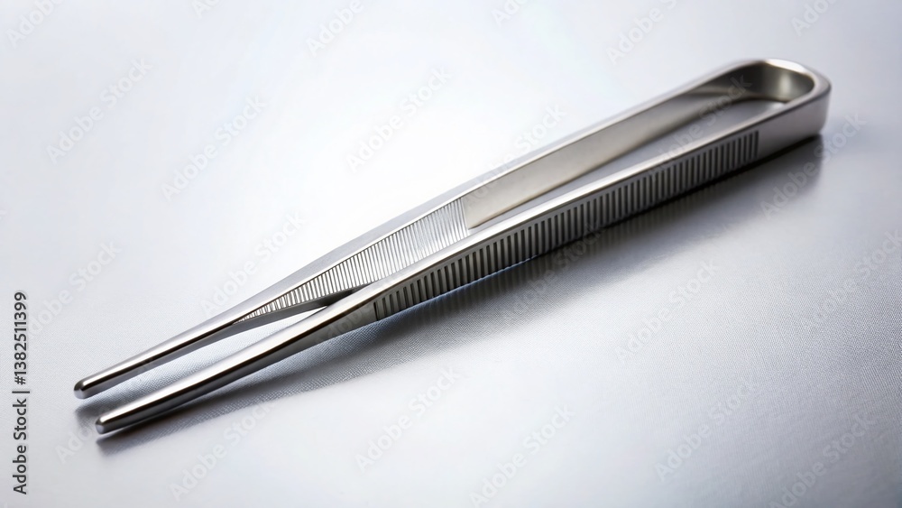 Precision Grip: A detailed close-up of a surgical tweezer, the image captures its metallic sheen, ergonomic design and potential for meticulous handling. Precision Grip: A detailed close-up of a surgical tweezer, the image captures its metallic sheen, ergonomic design and potential for meticulous handling.