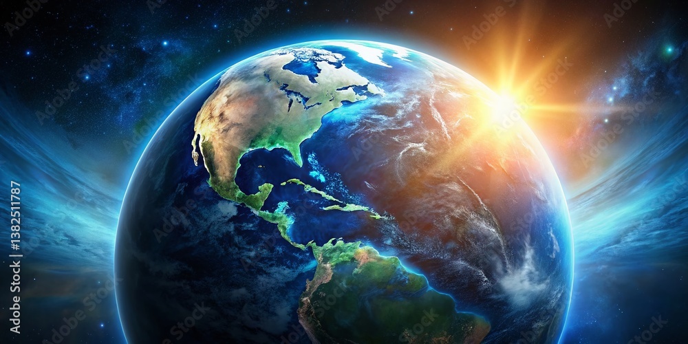 Earth's Horizon: An awe-inspiring view of planet Earth from space, illuminated by a radiant sunrise, depicting the beauty and majesty of our planet. Earth's Horizon: An awe-inspiring view of planet Earth from space, illuminated by a radiant sunrise, depicting the beauty and majesty of our planet.