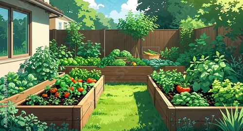 Raised garden beds with herbs and vegetables in a backyard garden setting anime cartoon style illustration artwork design background