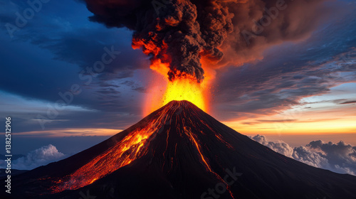 Extinct Volcano Heritage Theme, Erupting volcano with lava and smoke under dramatic twilight sky