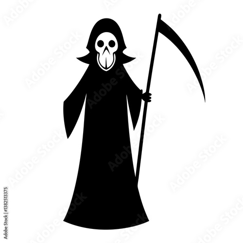 A grim reaper in a tattered black cloak holding a scythe