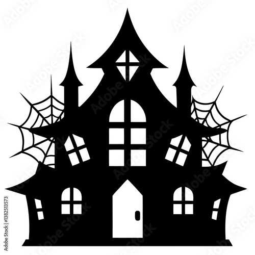 A spider web-covered mansion with broken windows