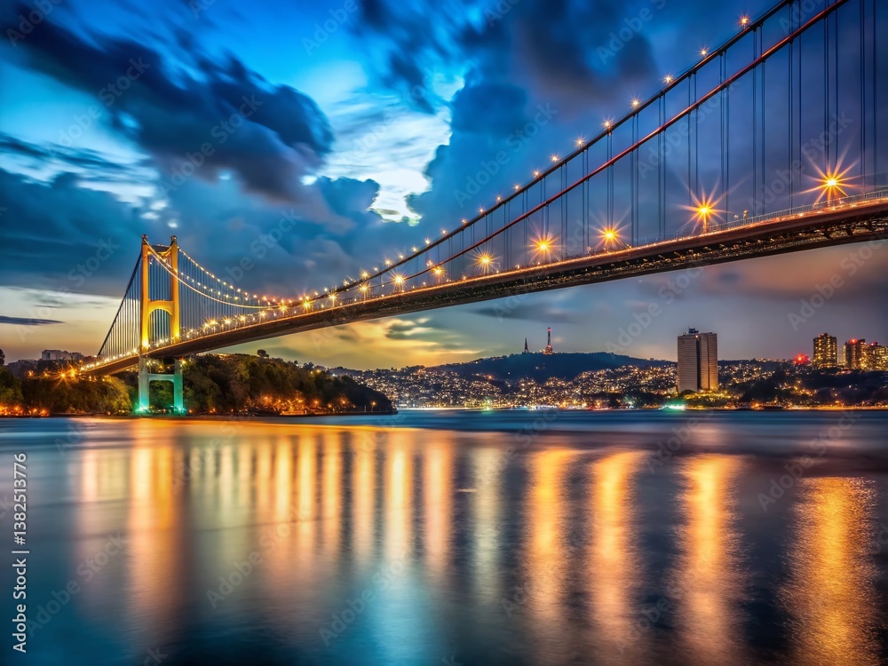 Obraz premium Illuminated Bridge at Dusk: The suspension bridge glows with the warm lights, casting beautiful reflections on the calm water below, set against a dramatic, cloud-filled twilight sky.