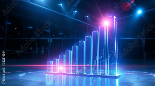stock market graph, hologram-style bar chart trending upward in blue and gray tones against a business background