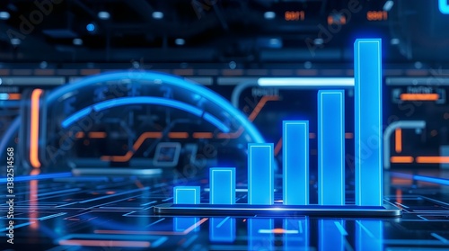 stock market graph, hologram-style bar chart trending upward in blue and gray tones against a business background