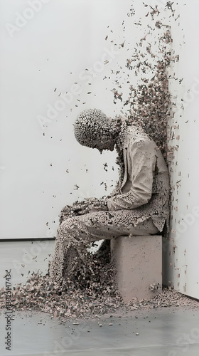 Disintegrating Human Figure Sculpture: Grey Stone Statue Fragmenting into Pixels